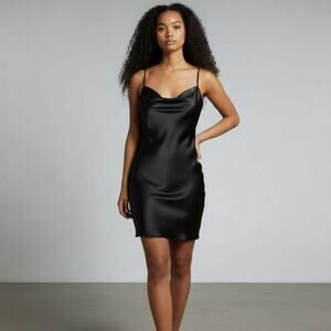 BEBE Black Satin Cowl Neck Slip Mini Dress Women’s Large Y2K New